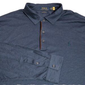 Polo Ralph Lauren Men 2XL Long Sleeve Henley Collared Shirt Blue Houndstooth